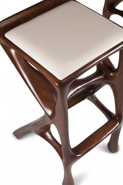  Amorph Modern Barstool Solid Wood with White Leather and Stained Walnut