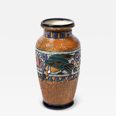  Amphora Ceramics Art Deco Ceramic Vase w Hummingbird in Multicolor Linear Glazing signed Amphora