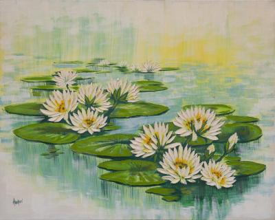  Anderson Large Abstract Waterlilies Painting Oil on Canvas Signed Anderson Circa 1970s