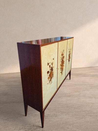  Anzani Italian Parchment Sideboard or Bar Cabinet with Floral Inlays Anzani 1950s