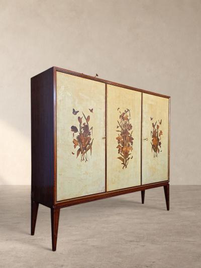  Anzani Italian Parchment Sideboard or Bar Cabinet with Floral Inlays Anzani 1950s