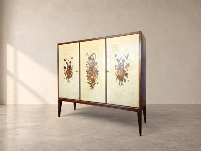  Anzani Italian Parchment Sideboard or Bar Cabinet with Floral Inlays Anzani 1950s