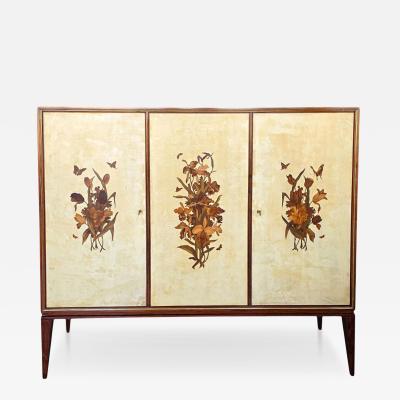  Anzani Italian Parchment Sideboard or Bar Cabinet with Floral Inlays Anzani 1950s