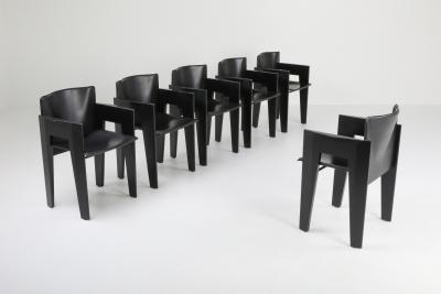  Arco Black Oak and Leather Arco Dining Chairs 1980s