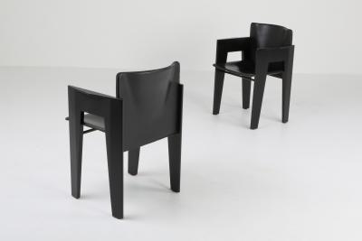  Arco Black Oak and Leather Arco Dining Chairs 1980s