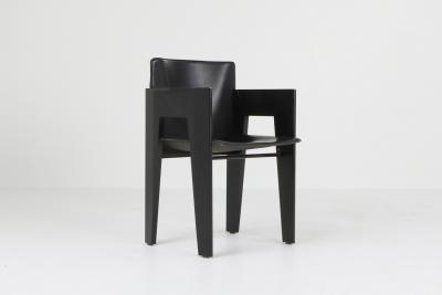  Arco Black Oak and Leather Arco Dining Chairs 1980s