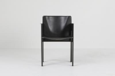  Arco Black Oak and Leather Arco Dining Chairs 1980s