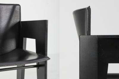  Arco Black Oak and Leather Arco Dining Chairs 1980s