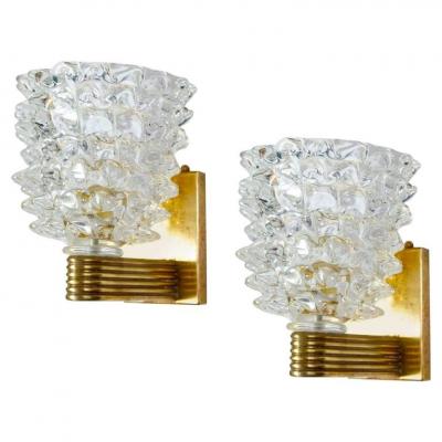 Aristi Barovier Pair of Barovier Neo Art Deco Rostrato Brass Mounted Murano Glass Sconces 1980