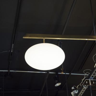  Arredoluce Brushed Brass and Frosted Glass Three Arm Globe Chandelier Manner of Arredoluce