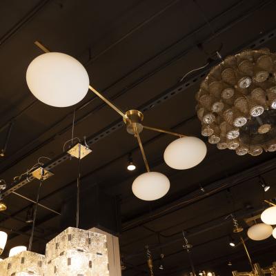  Arredoluce Brushed Brass and Frosted Glass Three Arm Globe Chandelier Manner of Arredoluce