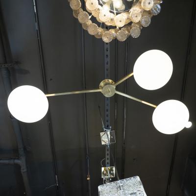  Arredoluce Brushed Brass and Frosted Glass Three Arm Globe Chandelier Manner of Arredoluce