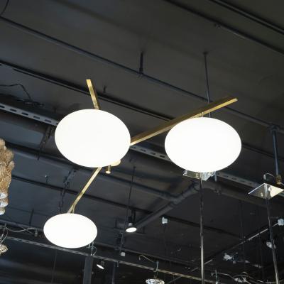  Arredoluce Brushed Brass and Frosted Glass Three Arm Globe Chandelier Manner of Arredoluce