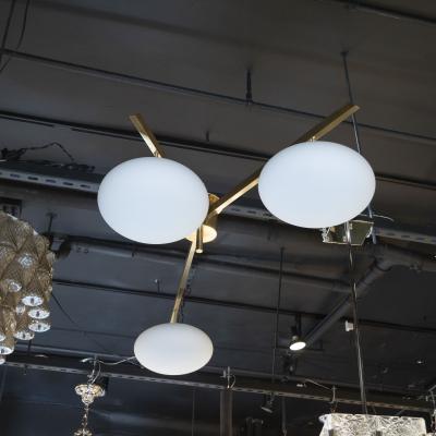  Arredoluce Brushed Brass and Frosted Glass Three Arm Globe Chandelier Manner of Arredoluce