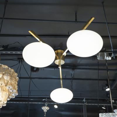  Arredoluce Brushed Brass and Frosted Glass Three Arm Globe Chandelier Manner of Arredoluce