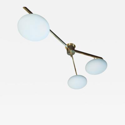  Arredoluce Brushed Brass and Frosted Glass Three Arm Globe Chandelier Manner of Arredoluce
