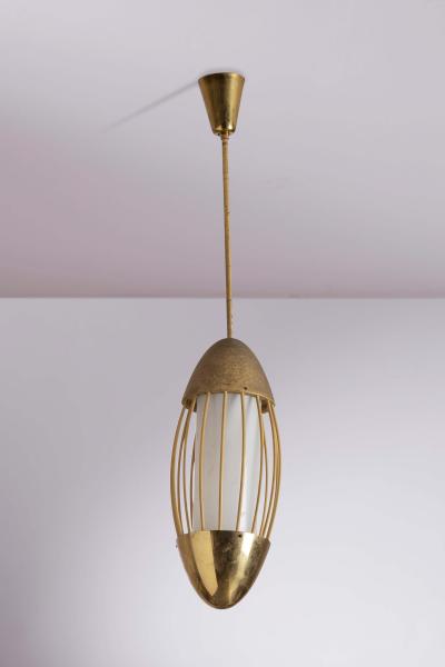  Arredoluce Pair of Italian Brass and Opaline Glass Pendants Spindle Form 1950s