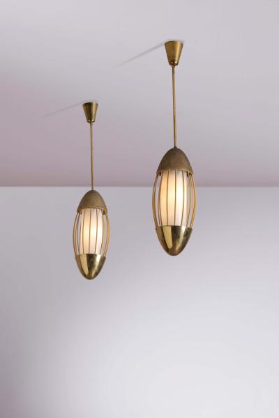  Arredoluce Pair of Italian Brass and Opaline Glass Pendants Spindle Form 1950s