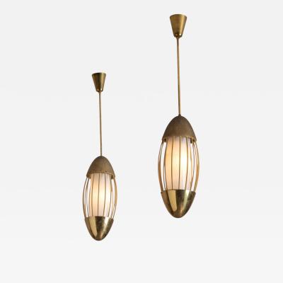  Arredoluce Pair of Italian Brass and Opaline Glass Pendants Spindle Form 1950s
