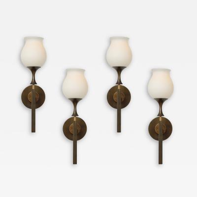  Arredoluce Rare Set of Four Brass and Frosted Glass Sconces by Arredoluce