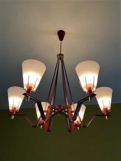  Arredoluce Red Metal and Opaline Glass Ceiling Light