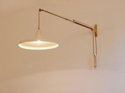  Arredoluce Swing arm wall light Brass and leather Italy c1950 Brass n