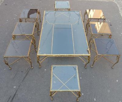 Artelegno 1950 1970 Bronze Coffee Table with Swans and Its Six Pieces of Sofas Signed GAD