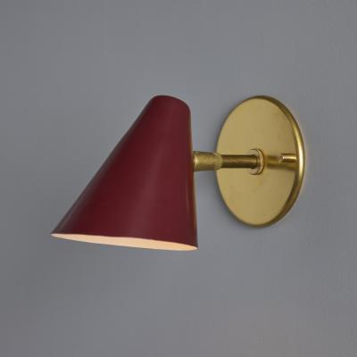  Arteluce Pair of 1950s Conical Red Metal Brass Sconces by Gino Sarfatti for Arteluce