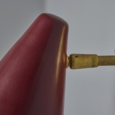  Arteluce Pair of 1950s Conical Red Metal Brass Sconces by Gino Sarfatti for Arteluce