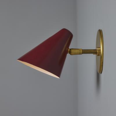  Arteluce Pair of 1950s Conical Red Metal Brass Sconces by Gino Sarfatti for Arteluce