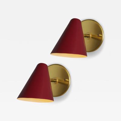  Arteluce Pair of 1950s Conical Red Metal Brass Sconces by Gino Sarfatti for Arteluce