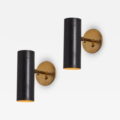  Arteluce Pair of 1950s Gino Sarfatti Cylindrical Metal and Brass Sconces for Arteluce