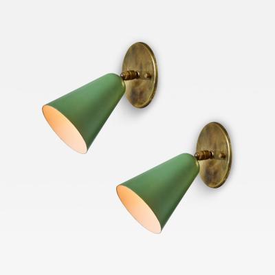  Arteluce Pair of 1950s Green Metal and Brass Sconces for Arteluce