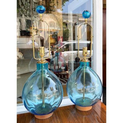  Arteriors Home 1990s Modern Arteriors Cerulean Blue Glass Tables Lamps Pair
