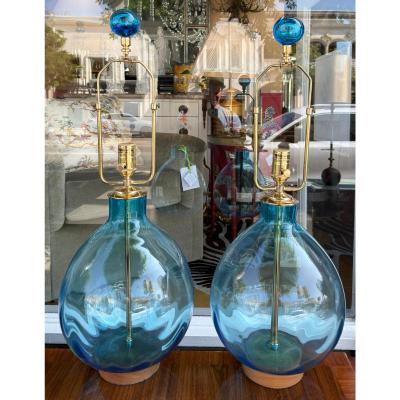  Arteriors Home 1990s Modern Arteriors Cerulean Blue Glass Tables Lamps Pair