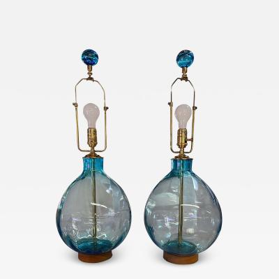  Arteriors Home 1990s Modern Arteriors Cerulean Blue Glass Tables Lamps Pair