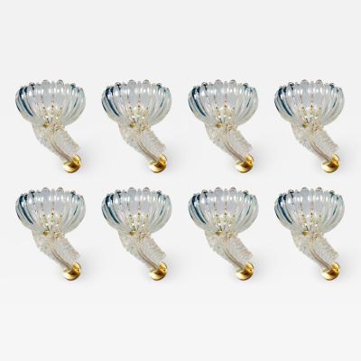  Artisti Barovier Set of Eight Barovier Art Deco Brass Mounted Murano Glass Sconces 1940