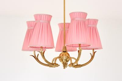  Arvid B hlmarks Lampfabrik B hlmarks Attributed Five Arm Brass Chandelier with Pink Shades Sweden 1940s