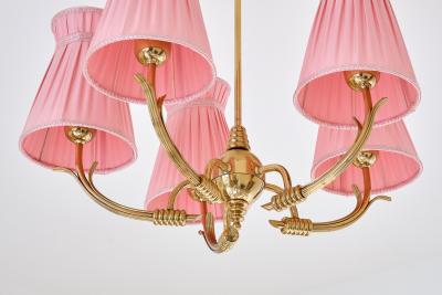  Arvid B hlmarks Lampfabrik B hlmarks Attributed Five Arm Brass Chandelier with Pink Shades Sweden 1940s