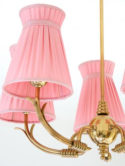  Arvid B hlmarks Lampfabrik B hlmarks Attributed Five Arm Brass Chandelier with Pink Shades Sweden 1940s