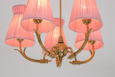  Arvid B hlmarks Lampfabrik B hlmarks Attributed Five Arm Brass Chandelier with Pink Shades Sweden 1940s