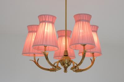  Arvid B hlmarks Lampfabrik B hlmarks Attributed Five Arm Brass Chandelier with Pink Shades Sweden 1940s