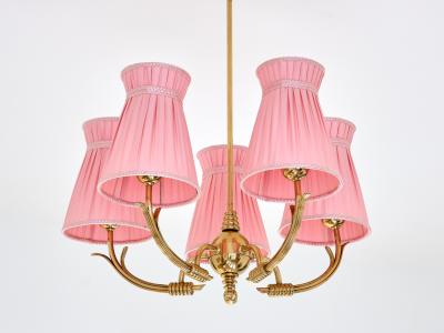  Arvid B hlmarks Lampfabrik B hlmarks Attributed Five Arm Brass Chandelier with Pink Shades Sweden 1940s