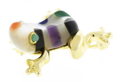  Asch Grossbardt ASCH GROSSBARDT 14KT YELLOW GOLD FROG BROOCH WITH GEMSTONES