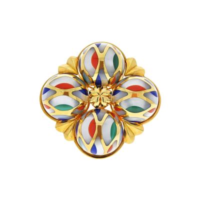  Asch Grossbardt ASCH GROSSBRADT 18K YELLOW GOLD MULTI COLOR ENAMEL LARGE BROOCH