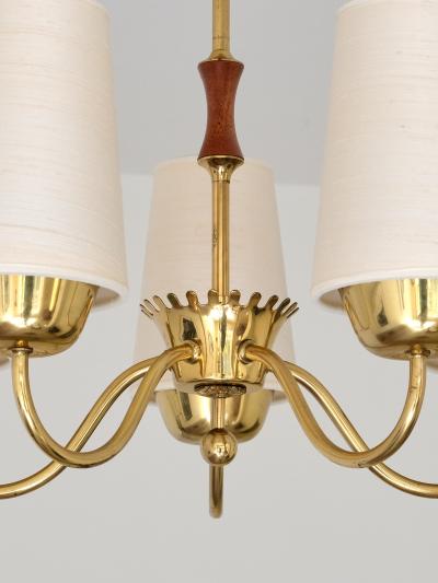  Asea ASEA Belysning Five Arm Brass Chandelier with Silk Shades Sweden 1950s
