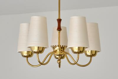  Asea ASEA Belysning Five Arm Brass Chandelier with Silk Shades Sweden 1950s