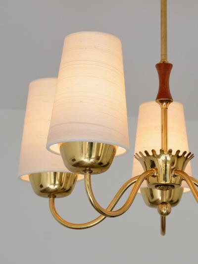  Asea ASEA Belysning Five Arm Brass Chandelier with Silk Shades Sweden 1950s