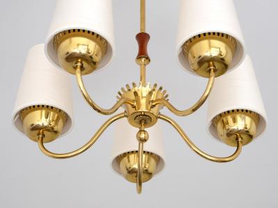  Asea ASEA Belysning Five Arm Brass Chandelier with Silk Shades Sweden 1950s