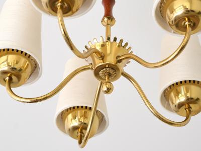  Asea ASEA Belysning Five Arm Brass Chandelier with Silk Shades Sweden 1950s